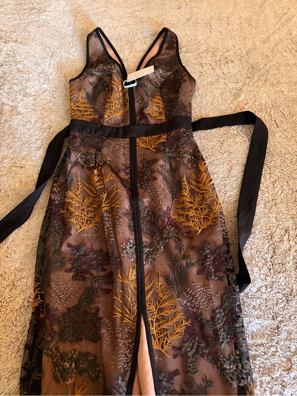 HARI Strapless Embroidered Sheath Dress in Brown, Mustard and Black